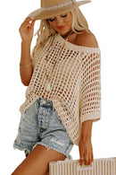 Apricot Fishnet Knit Ribbed Round Neck Short Sleeve Tee