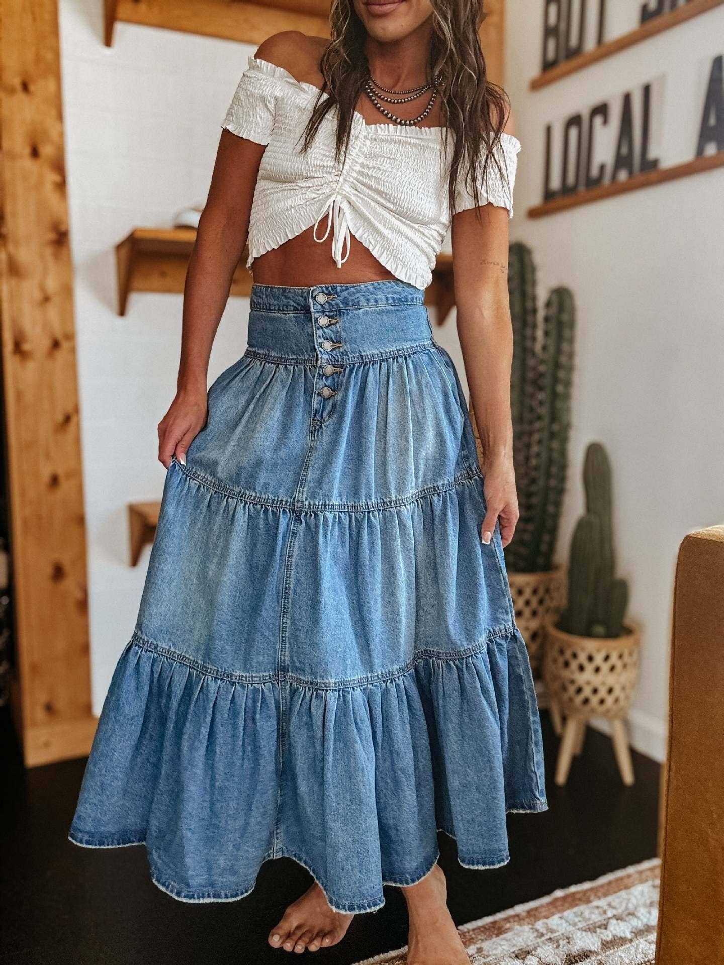 Hope & Sunshine - Bohemian Tiered Denim Skirt A-Line