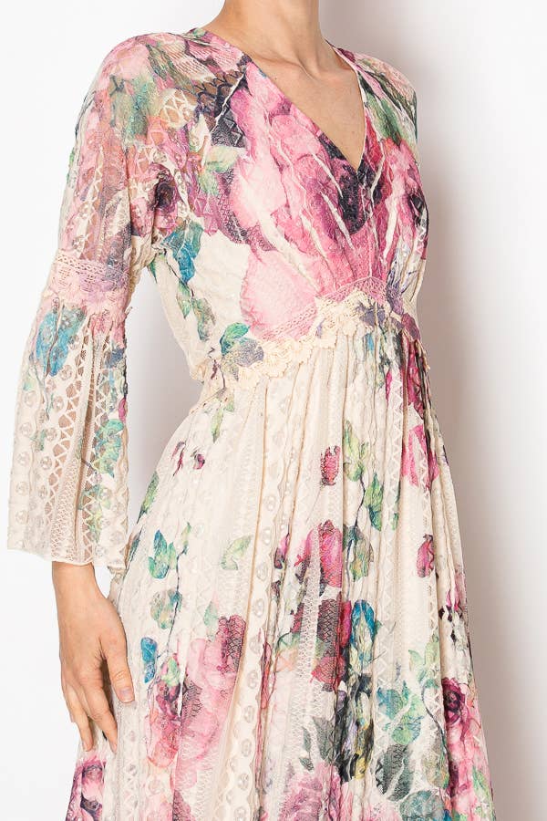 Origami Apparel ~  Lace and Crochet inspired - Dreamy Lined Short Lace Dress With Bell Sleeves -  4810BG BIG ROSE