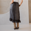 Young Threads - Women Patchwork Embroidered Maxi Skirt With Side Pockets: CHARCOAL TRIM / REGULAR (S-M-L-XL 1-2-2-1)