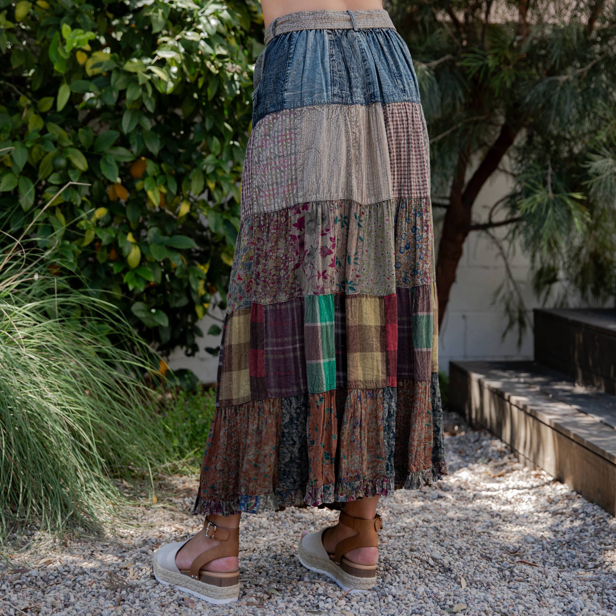 Young Threads - Western Boho Chic: Patchwork Belted Skirt  (New Color)