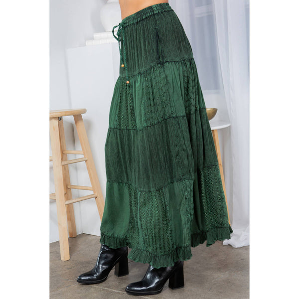 Young Threads - Retro Chic Crinkled Tiered Green Skirt With Mixed Embroidery Patch