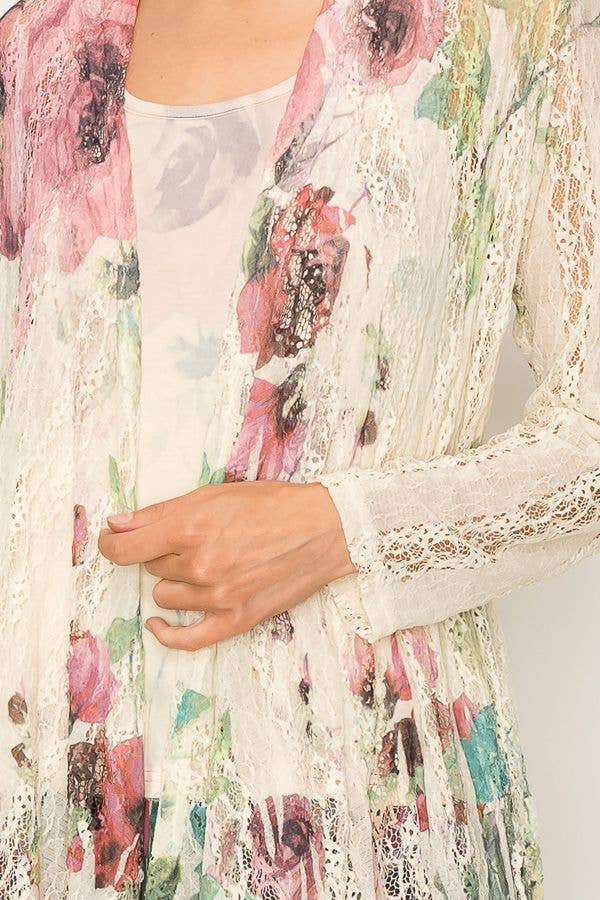 Origami Apparel ~  Lace and Crochet inspired - Feminine Stretchy Snug Long Sleeve Lace Cardigan - 493BIG ROSE