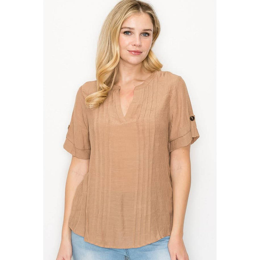 Perseption - Pintuck Front Roll Tab Short Sleeve Mandarin Shirt