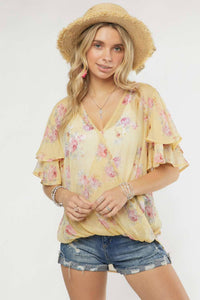 Madelyn - LYT14199A-PRINTED CROSS OVER FLARE SLEEVE TOP