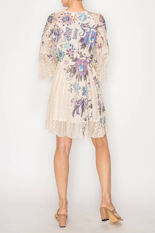 Origami Apparel ~  Lace and Crochet inspired - Dreamy Lined Short Lace Dress With Bell Sleeves -  4810BG EMBO FL