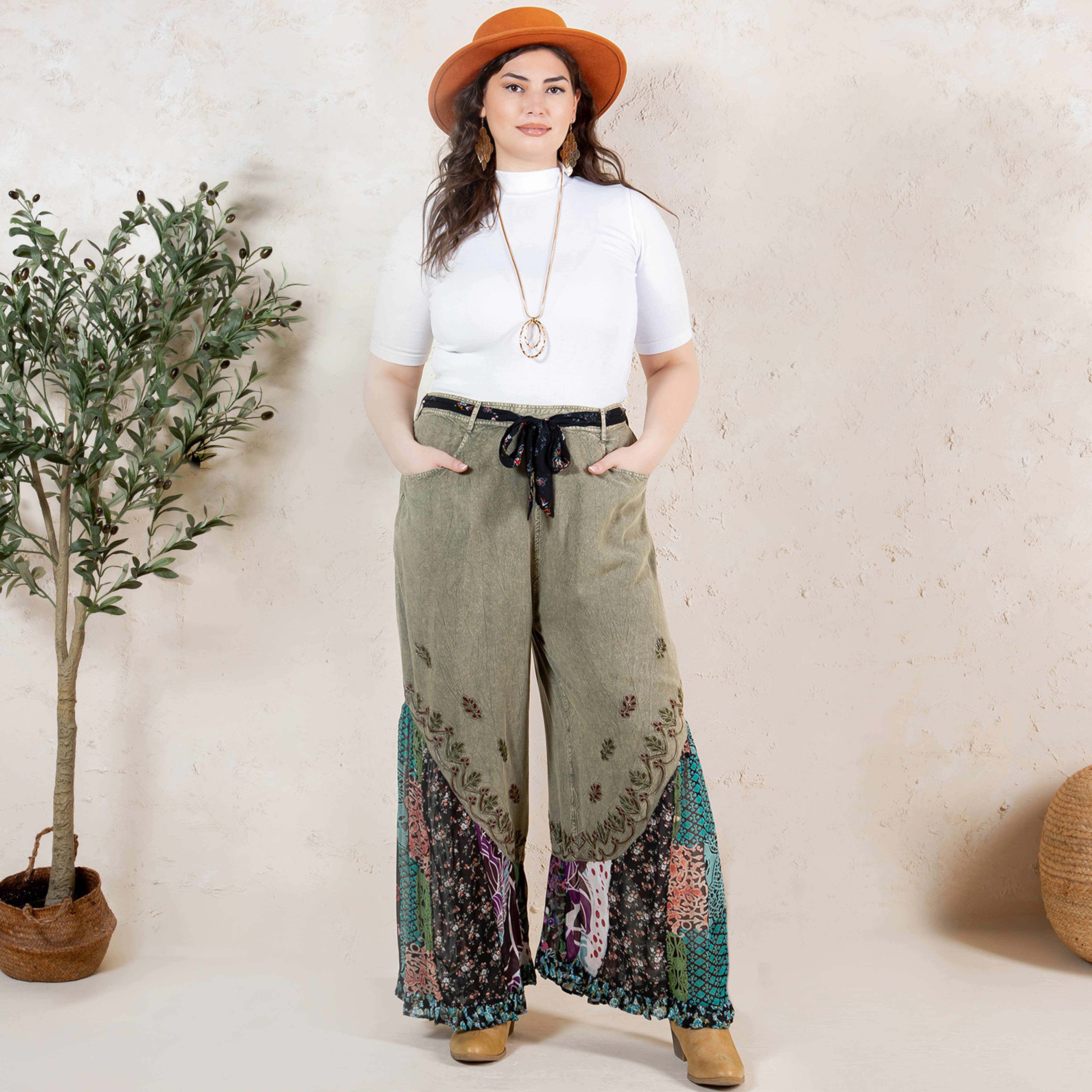 Young Threads - Boho Overdyed Rayon Bellbottom Pants : Gravel / PLUS (XL-1X-2X-3X 1-2-2-1)