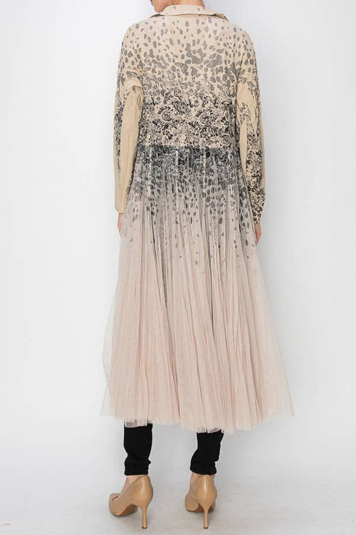 Origami Apparel ~  Lace and Crochet inspired - Chic Contrast Longline Blazer Jacket With Mesh Tulle Panel - 4773TP LEOROSE