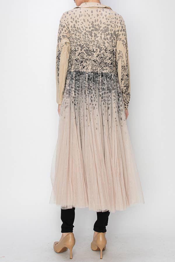 Origami Apparel ~  Lace and Crochet inspired - Chic Contrast Longline Blazer Jacket With Mesh Tulle Panel - 4773TP LEOROSE