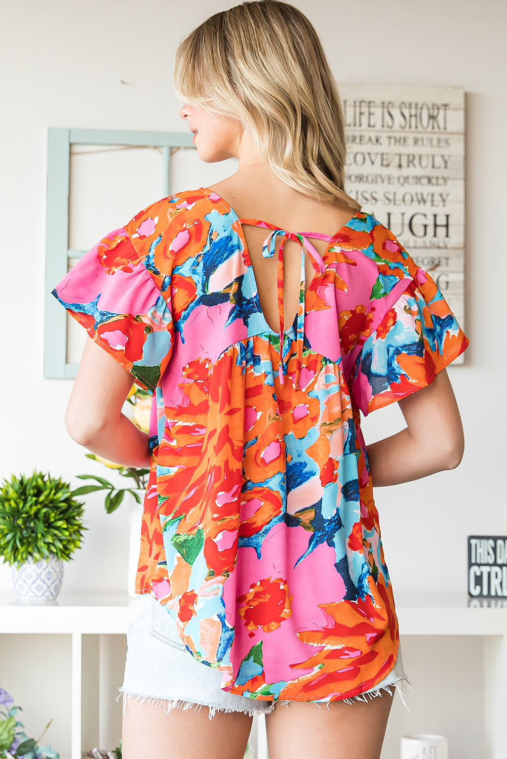 Sky Blue Boho Abstract Print V Neck Flutter Sleeve Blouse
