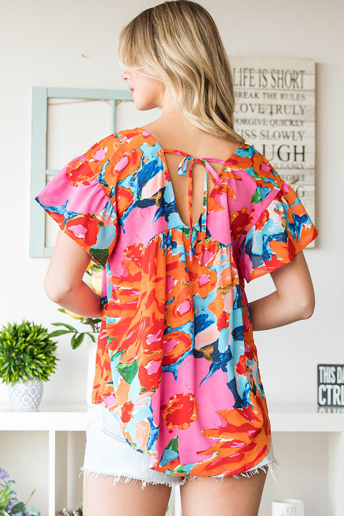 Sky Blue Boho Abstract Print V Neck Flutter Sleeve Blouse