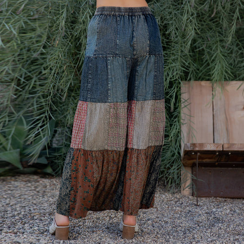 Young Threads - Boho chic Tiered Patch Inserted Denim &Knit Pants(New Color)