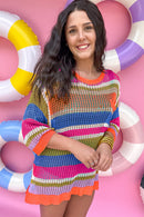 Pink Striped Color Block Hollow Crochet 3/4 Sleeve T Shirt