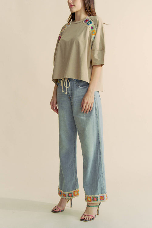 Davi & Dani - CROCHET TRIM STRAIGHT LEG DENIM JEANS
