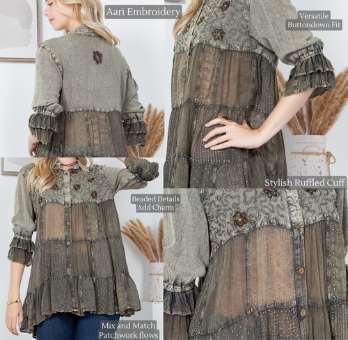 Young Threads - Women’s Mexican Embroidery Blouse - Gathered Waist Shirt