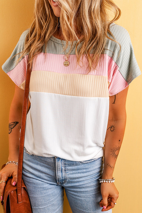 Moonlight Jade Ribbed Color Block Patchwork T shirt