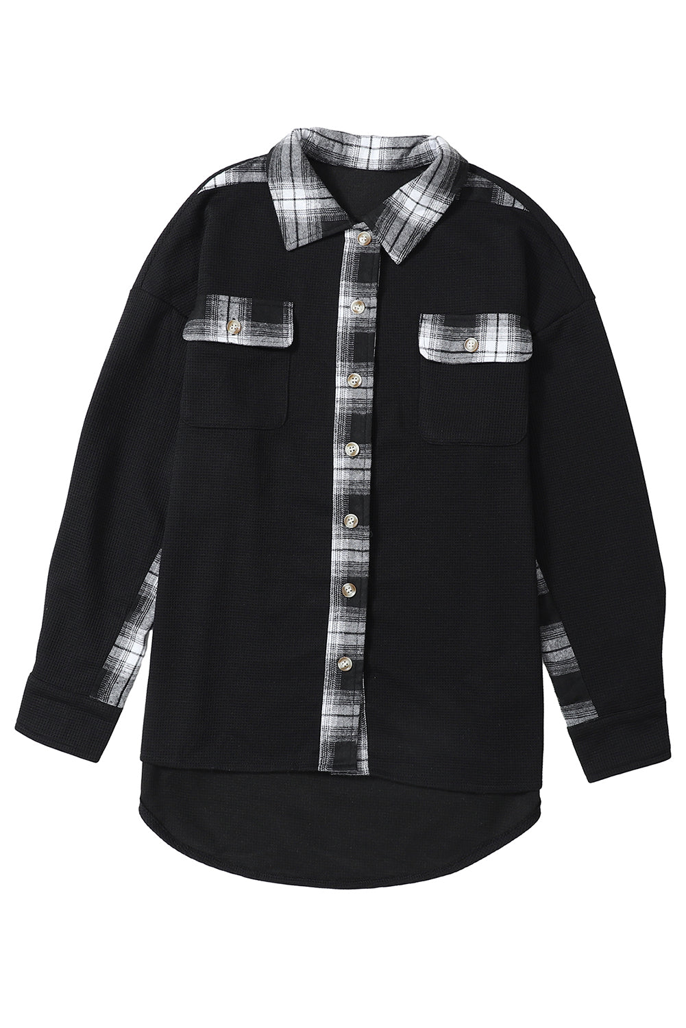 Apricot Plaid and Thermal Waffle Patchwork Shacket