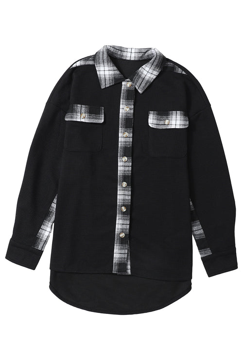 Apricot Plaid and Thermal Waffle Patchwork Shacket