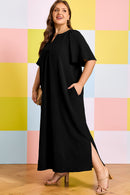 Black Plus Size Solid Color Notched Neck Short Sleeve Loose Dress