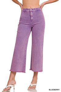 42POPS - ",,..Acid Washed Frayed Cutoff Hem Straight Wide Pants