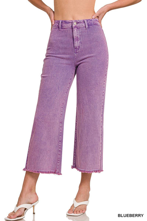 42POPS - ",,..Acid Washed Frayed Cutoff Hem Straight Wide Pants