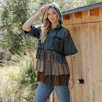 Young Threads - Front-Open Hooded Denim Shirt with Playful Mixed Ruffles