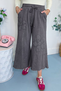 Pink Flower Patch Mineral Washed Cropped Wide Leg Pants