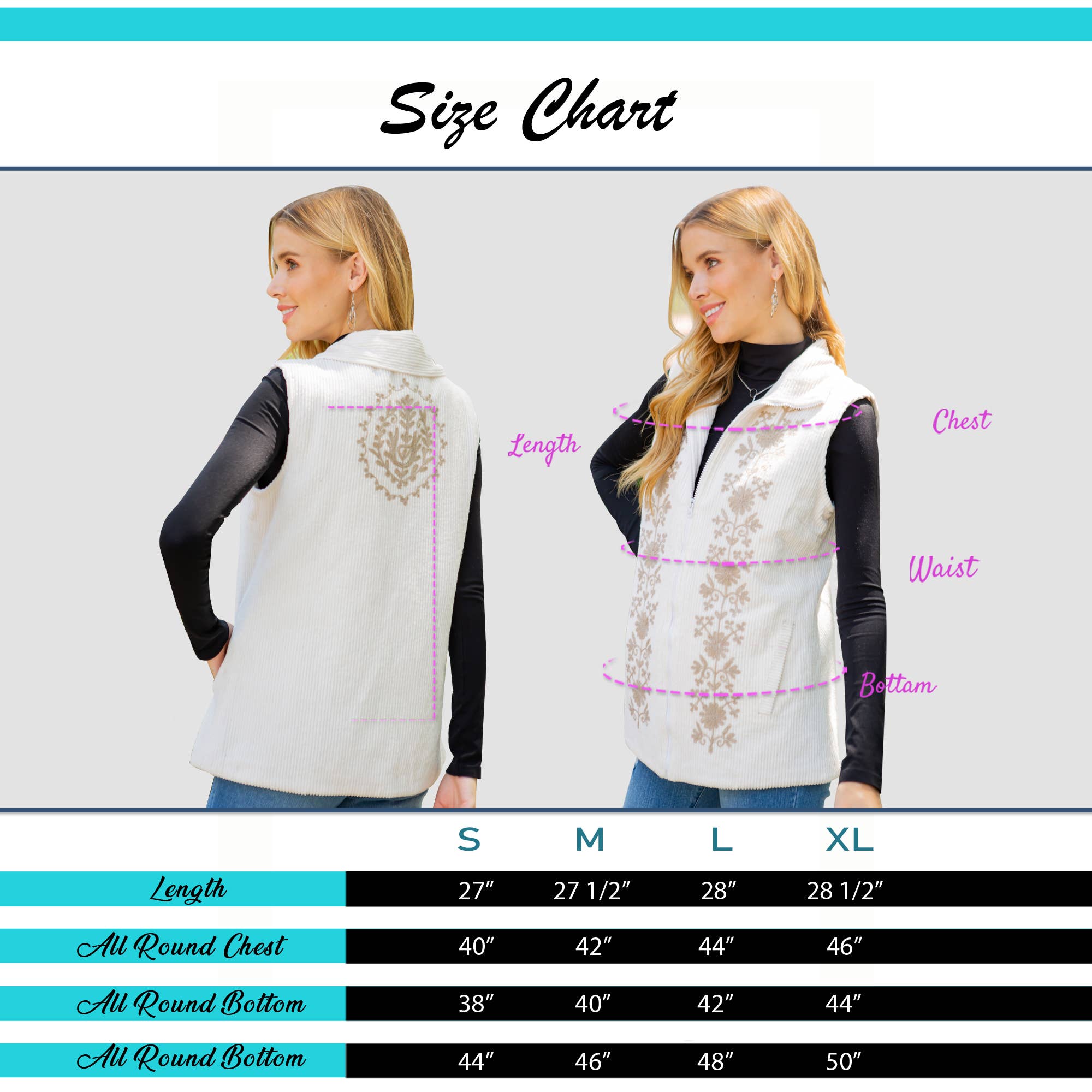 Young Threads - Womens Casual Sleeveless Embroidered Zipper Vest With Pockets