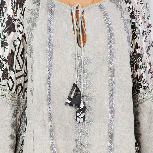 Young Threads - Embracing Western Spirit Embroidered Grey Peasant Top