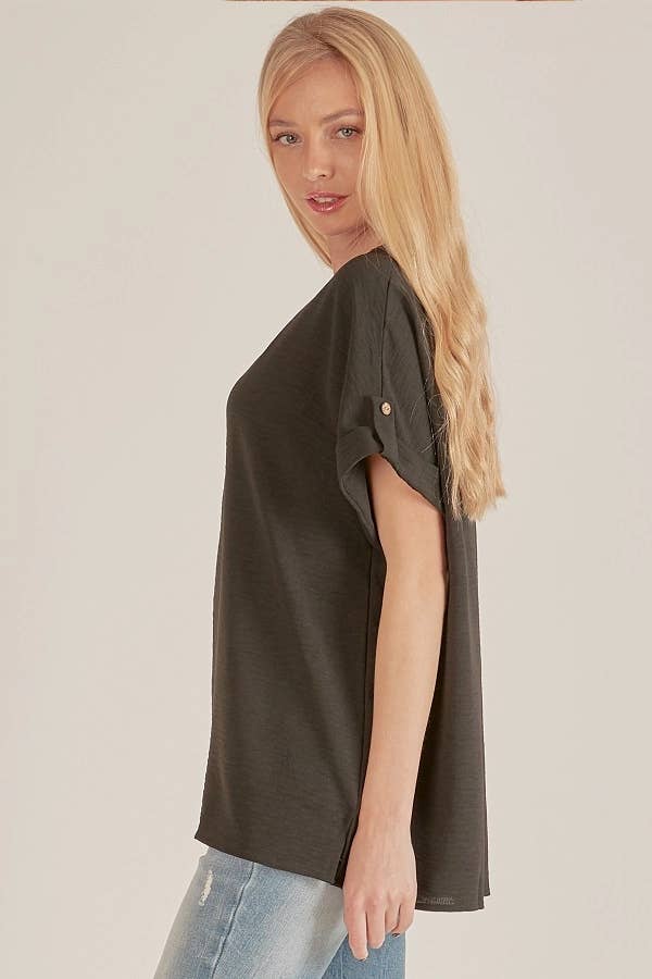 Shopin LA - SPT5211. WOMEN SHORT BUTTON SLEEVE FRONT SLIT LOOSE FIT TOP