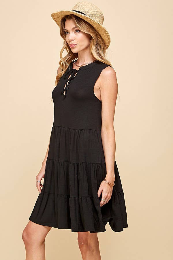 Shopin LA - SPD7008P  PLUS SOLID SLEEVELESS FRONT LACE TIERED DRESS