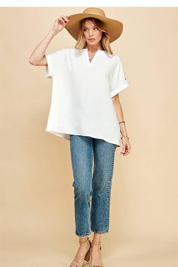 Shopin LA - SPT5211. WOMEN SHORT BUTTON SLEEVE FRONT SLIT LOOSE FIT TOP