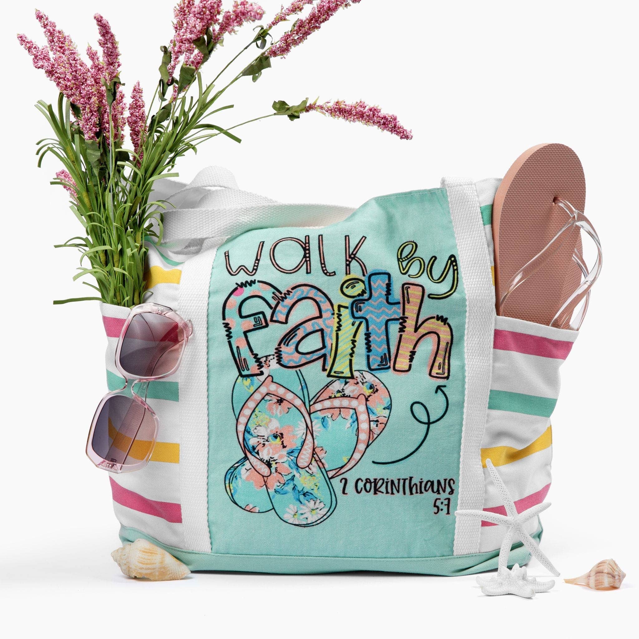 Love in Faith - Walk By Faith Flip Flop Light Blue Stripe Tote Bag