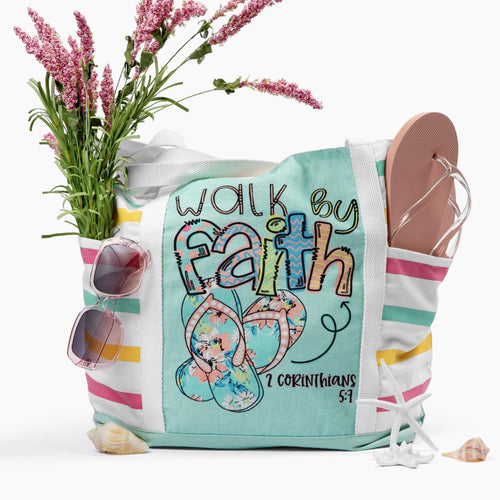 Love in Faith - Walk By Faith Flip Flop Light Blue Stripe Tote Bag