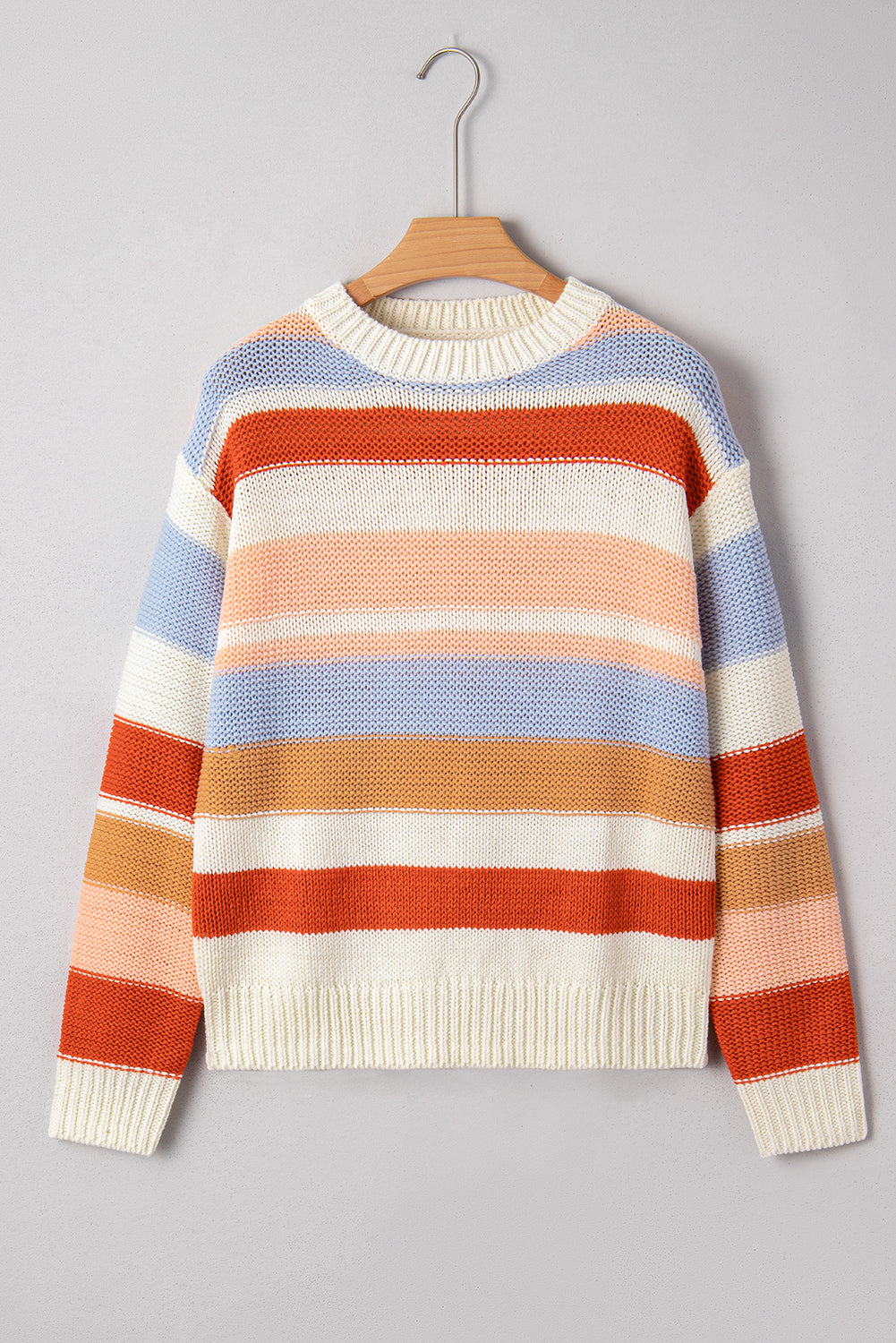 Pink Striped Colorblock Round Neck Drop Shoulder Sweater