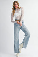 Black Sheer Floral Lace Long Sleeve Slim Fit Top