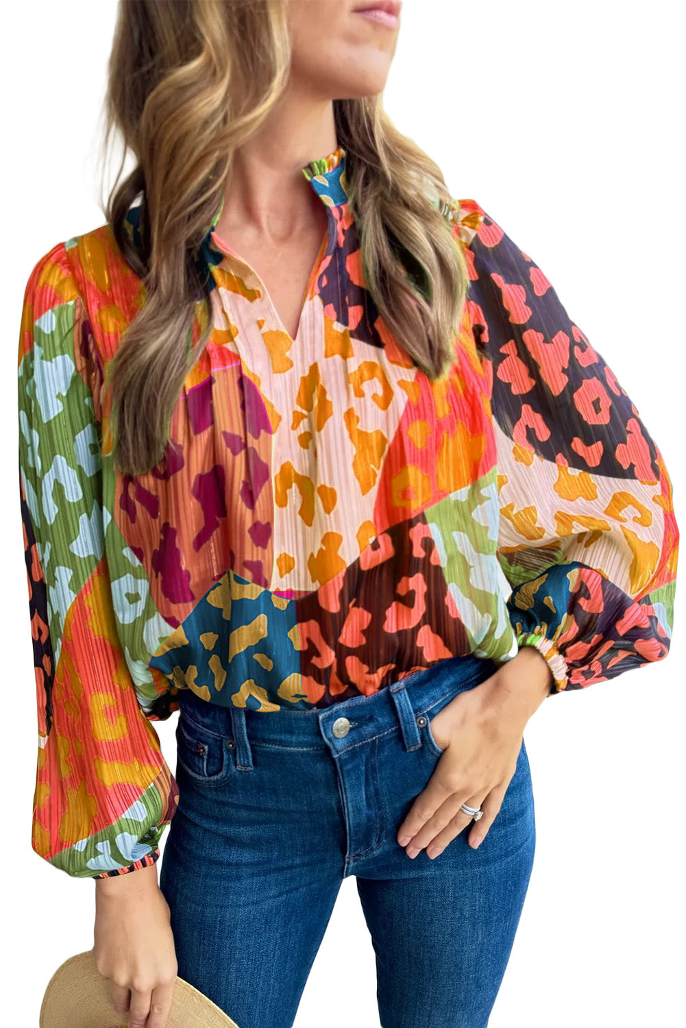 Orange Leopard Print Puff Sleeve Crinkle Blouse