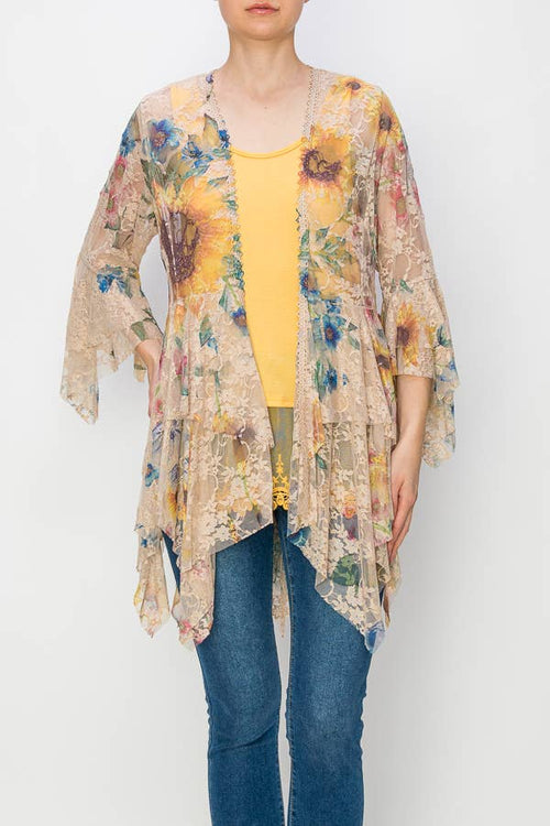 Origami Apparel ~  Lace and Crochet inspired - OLS-4618 TAUPE SUNFLOWER CARDIGAN