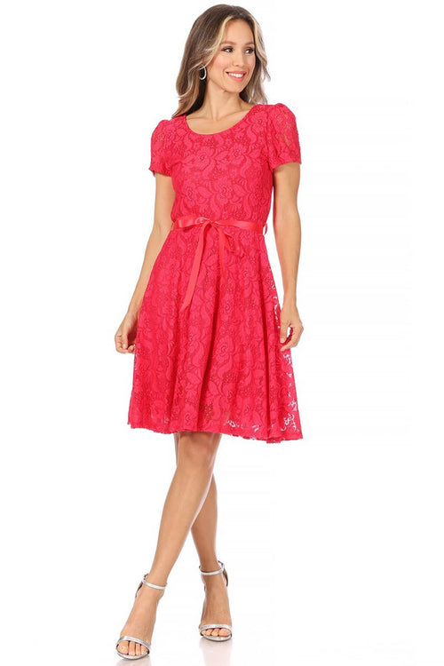 MOA COLLECTION - Women's Lace Short Sleeve A-Line Midi Dress
