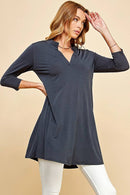 Shopin LA - Q2019D- WOMEN SOLID 3/4 SLEEVE MOCK V NECK TUNIC DRESS