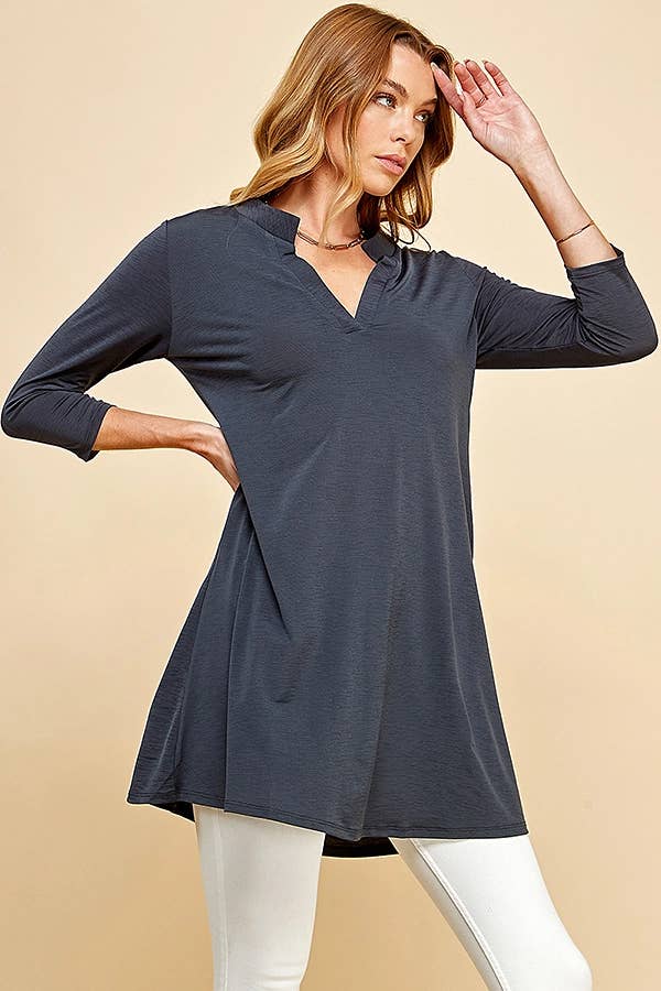 Shopin LA - Q2019D- WOMEN SOLID 3/4 SLEEVE MOCK V NECK TUNIC DRESS