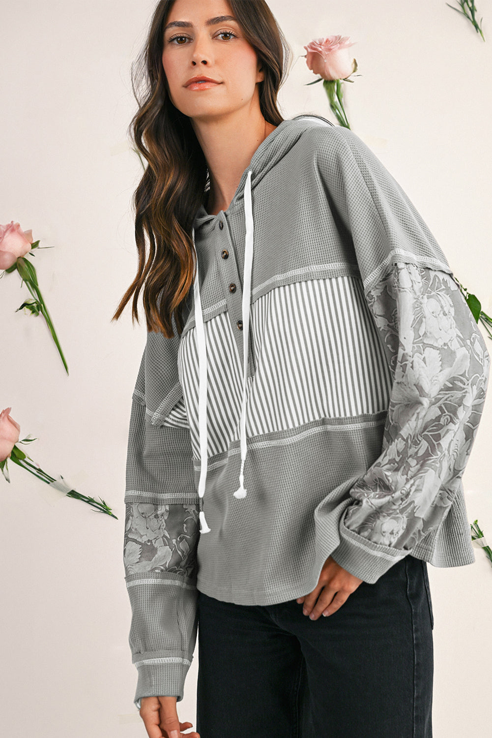 Gray Waffle Patchwork Drawstring Hooded Long Sleeve Top
