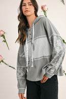 Gray Waffle Patchwork Drawstring Hooded Long Sleeve Top