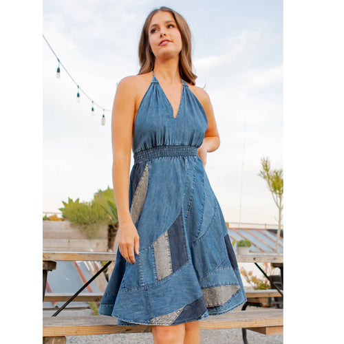 Young Threads - Halter Neck BabyDoll Western Dress Asymmetrical Patch Bottom