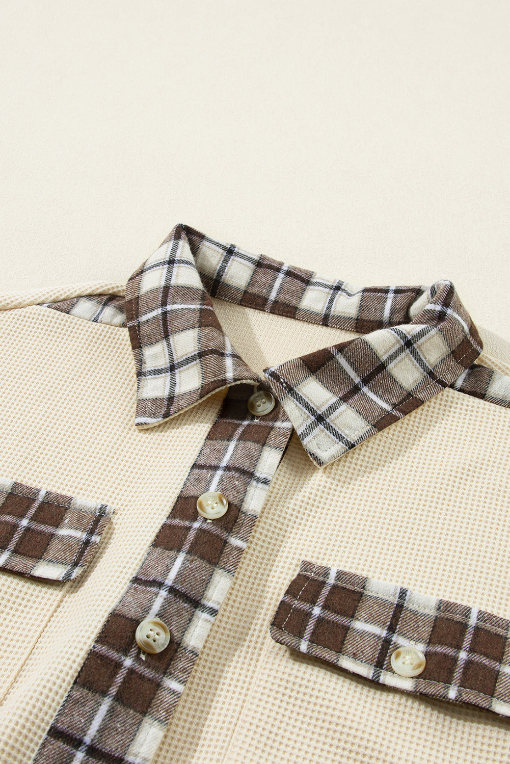 Apricot Plaid and Thermal Waffle Patchwork Shacket