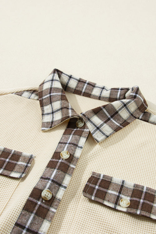 Apricot Plaid and Thermal Waffle Patchwork Shacket