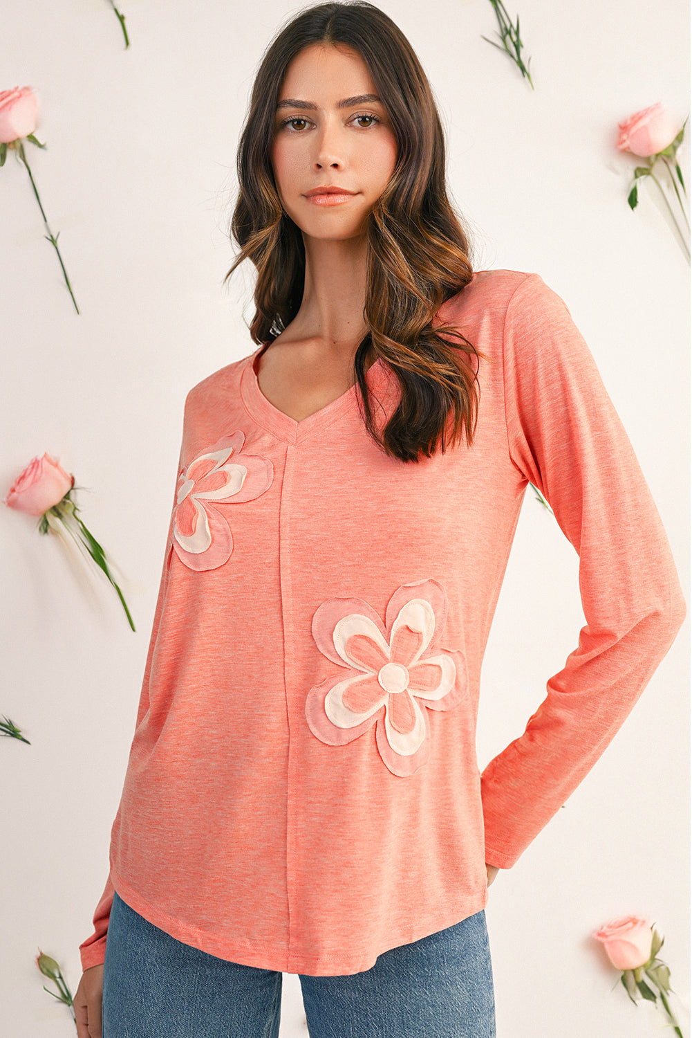 Fresh Salmon Floral Patched V Neck Long Sleeve Top