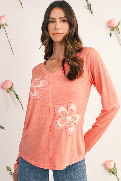 Fresh Salmon Floral Patched V Neck Long Sleeve Top
