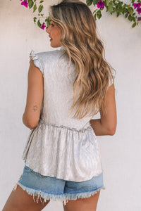 Black Frilled V Neck Metallic Crinkle Sleeveless Blouse