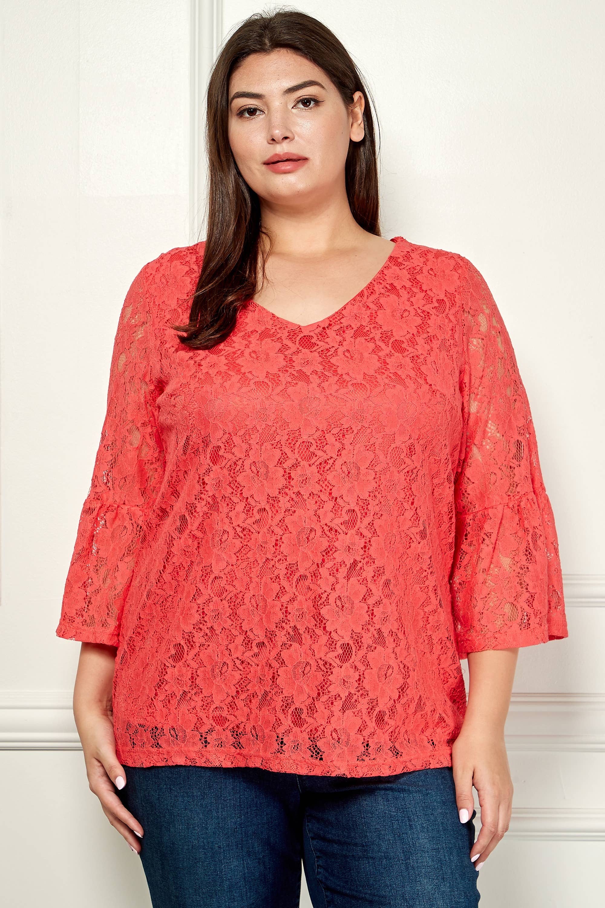Winslow Collection - V NECK ELBOW SLEEVE LACE TOP G9018250P